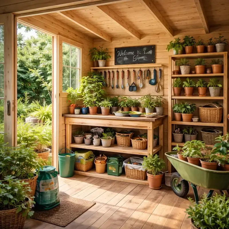 Abri de jardin bois amenage pour le jardinage avec etabli et plantes en pots