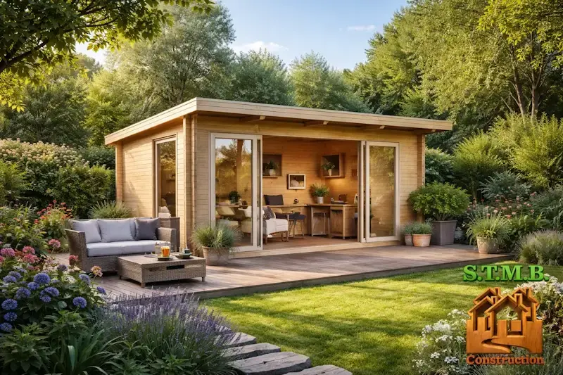 Abri de jardin en bois moderne aménagé en espace de vie extérieur avec terrasse et jardin paysager