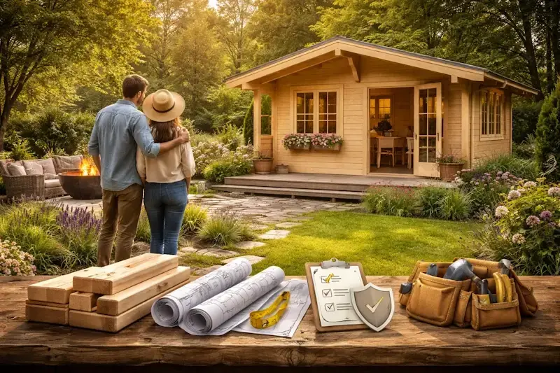 Abri de jardin en bois aménagé en espace de vie extérieur dans un jardin paysager avec terrasse et mobilier