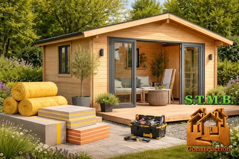 Abri de jardin en bois moderne avec isolation thermique et aménagement confortable prêt à l’usage