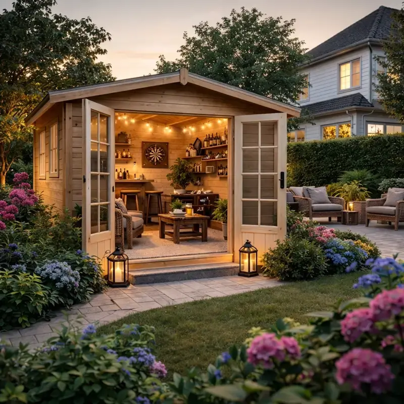 Abri de jardin en bois amenage et eclaire installe dans un jardin paysager apportant un espace supplementaire et valorisant la maison