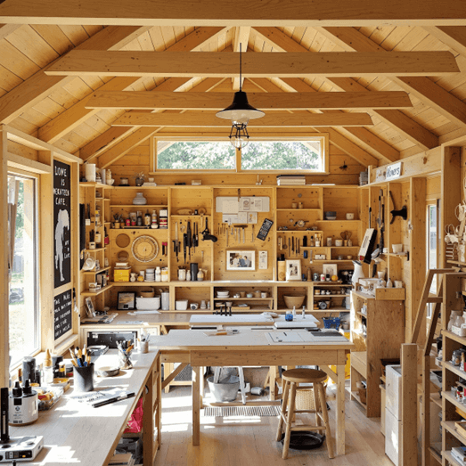Abri de jardin en bois chaleureux transforme en atelier diy lumineux avec des murs en bois naturel des poutres apparentes de grandes fenetres ensoleillees et des etageres organisee