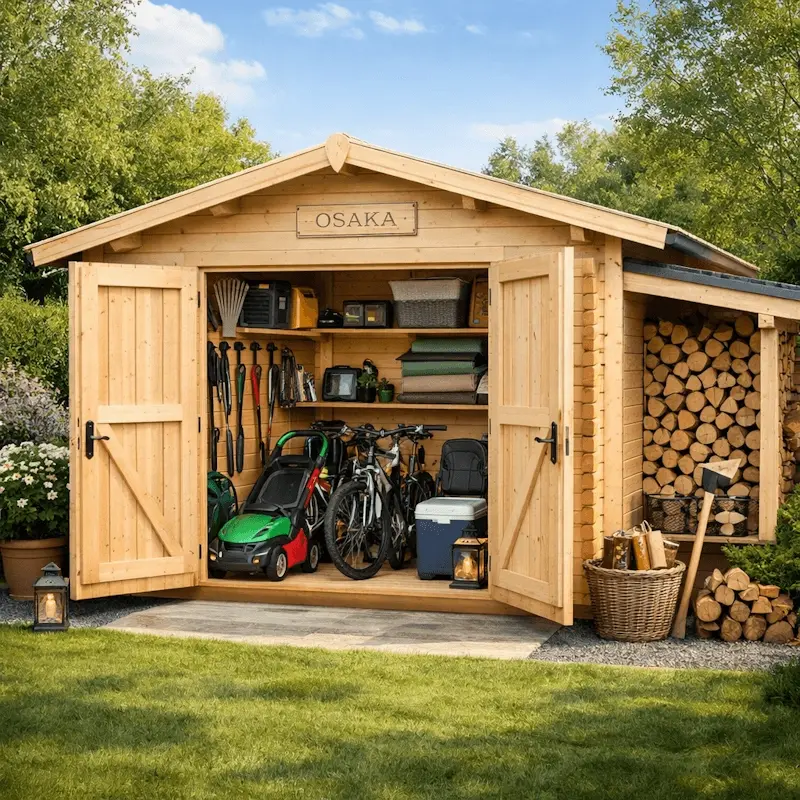 Abri de jardin en bois de stmb construction installe dans un jardin verdoyant servant de chalet de rangement pour outils de jardinage tondeuse velos et bois de chauffage