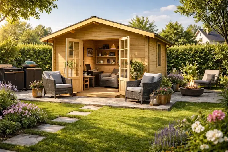 Abri de jardin en bois entre 10 et 20 m² aménagé en bureau et espace détente avec déclaration préalable de travaux