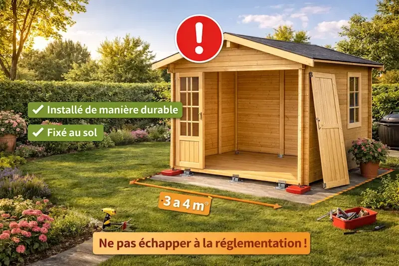 Abri de jardin démontable fixé au sol soumis à la réglementation avec installation durable selon les règles d’urbanisme