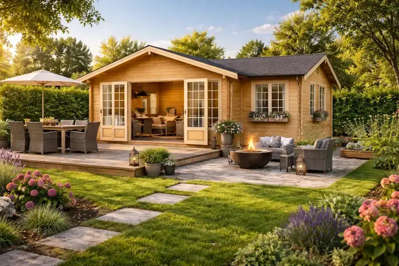 Grand abri de jardin en bois de plus de 20 m² aménagé en studio avec permis de construire obligatoire en France
