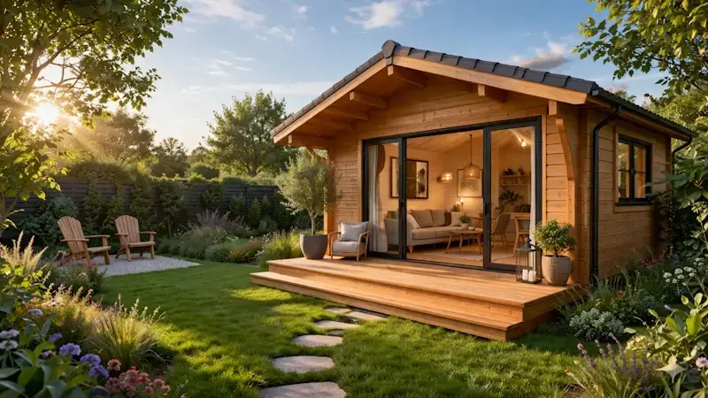 Abri de jardin en bois aménagé en studio confortable respectant les seuils sans permis de construire en France