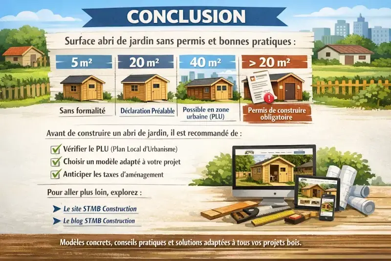Infographie réglementation abri de jardin : surfaces 5 m² sans formalité, 20 m² déclaration préalable, 40 m² en zone PLU et permis obligatoire au-delà