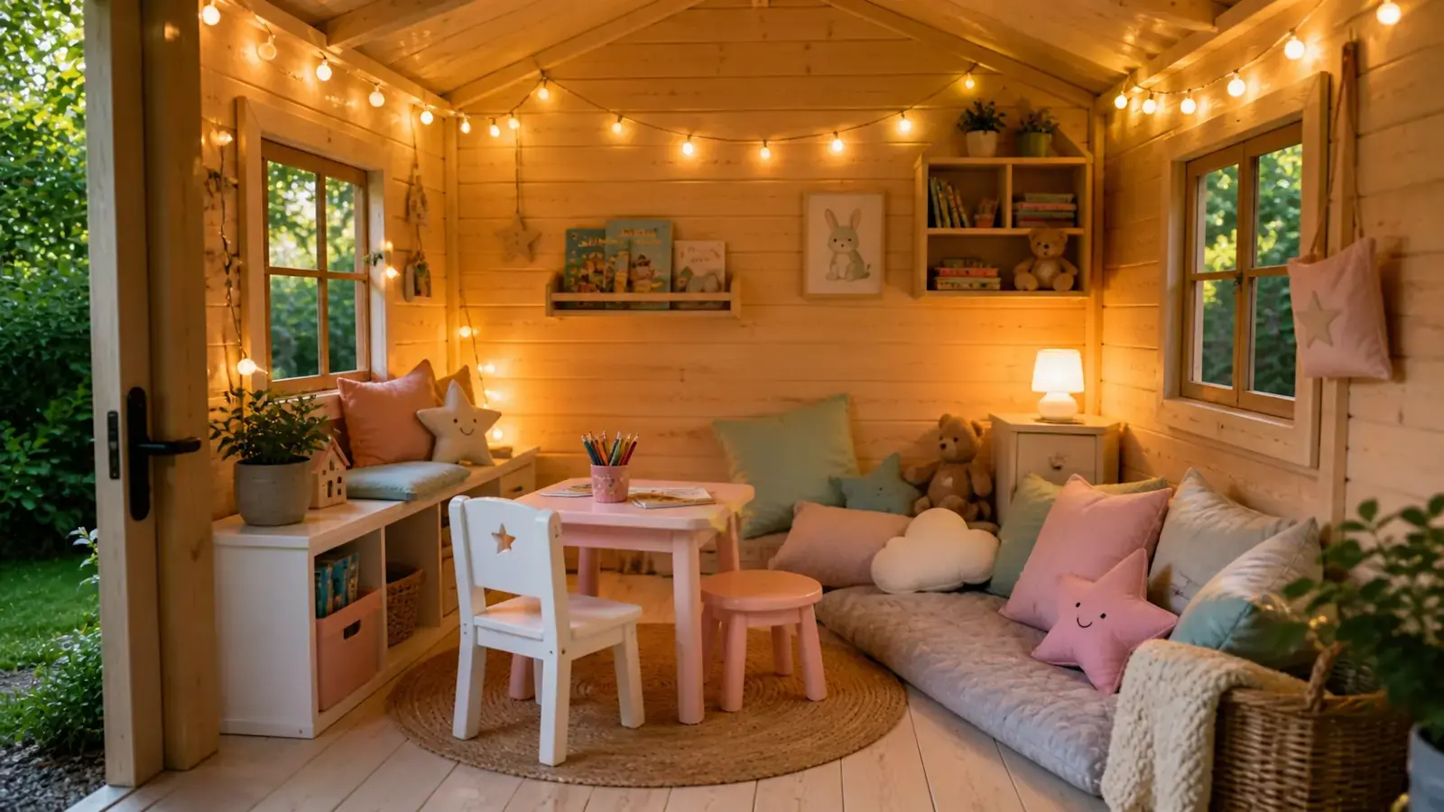 Intérieur chaleureux d’un cabanon pour enfants avec coussins, guirlandes LED, coin lecture et décoration cocooning en bois.