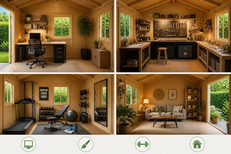 aménagement intérieur cabanon de jardin en bois bureau atelier salle de sport et espace de vie