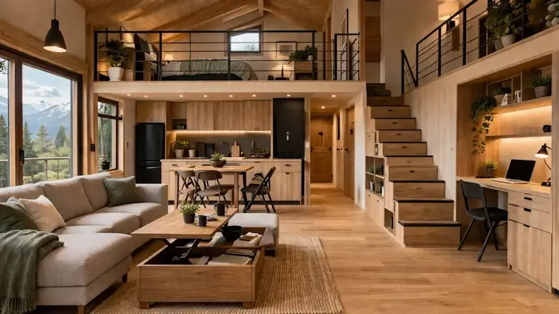 aménagement intérieur chalet bois avec mezzanine, meubles multifonctions et espace optimisé