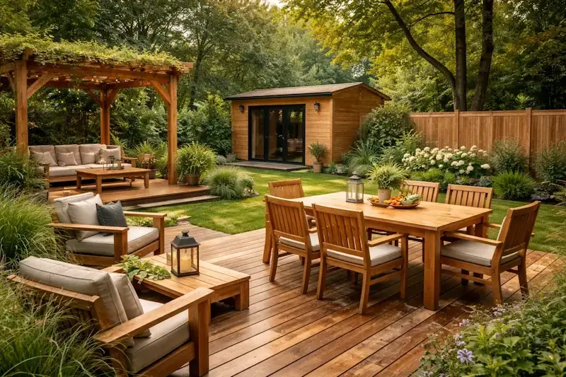 Aménagement extérieur en bois massif avec terrasse, mobilier de jardin et pergola illustrant la polyvalence du matériau