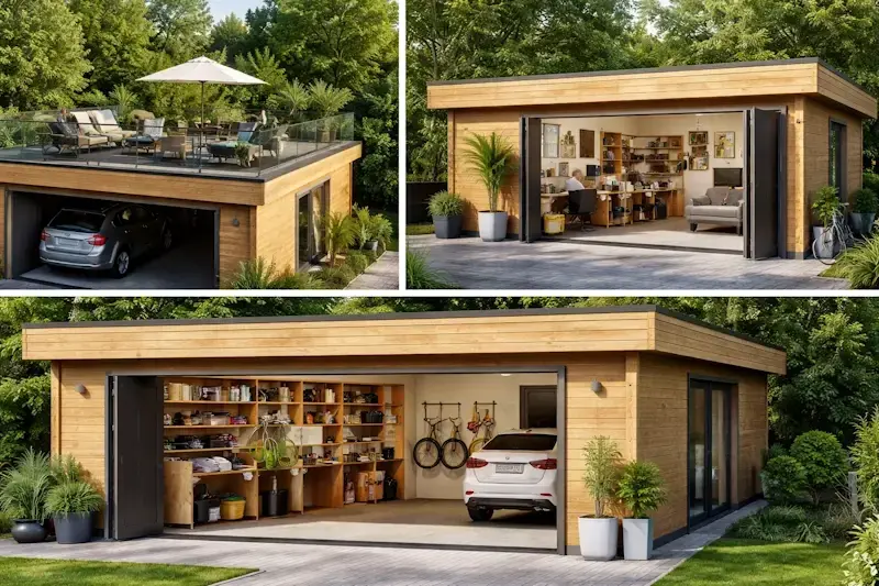 idees amenagement garage bois toit plat avec toit terrasse bureau et espace rangement optimise