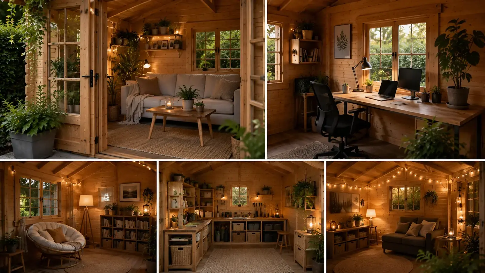 Intérieur chaleureux d’un cabanon en bois aménagé avec bureau de jardin, coin détente et décoration cosy