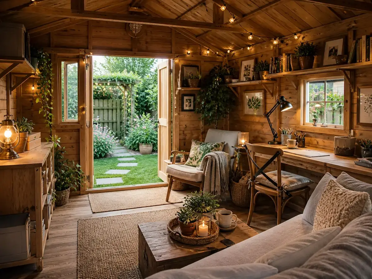 aménagement intérieur cabanon de jardin en bois avec mobilier cosy bureau et espace détente