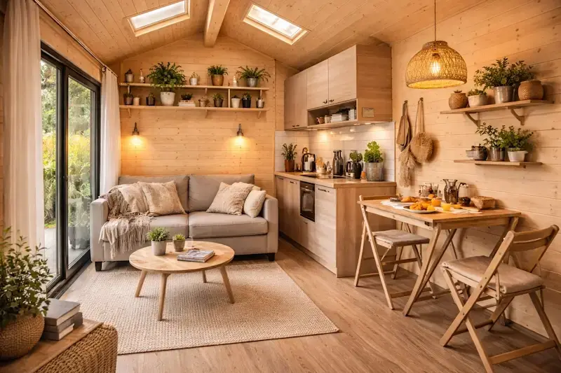 Aménagement intérieur d’un chalet en bois habitable de 20m² avec salon, cuisine et mobilier multifonction pour optimiser l’espace.