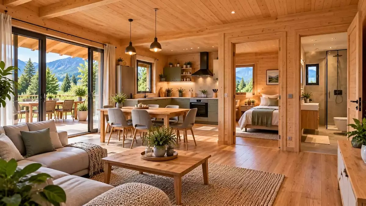 Aménagement intérieur d’un chalet habitable en bois avec séjour, cuisine ouverte, chambre et salle d’eau