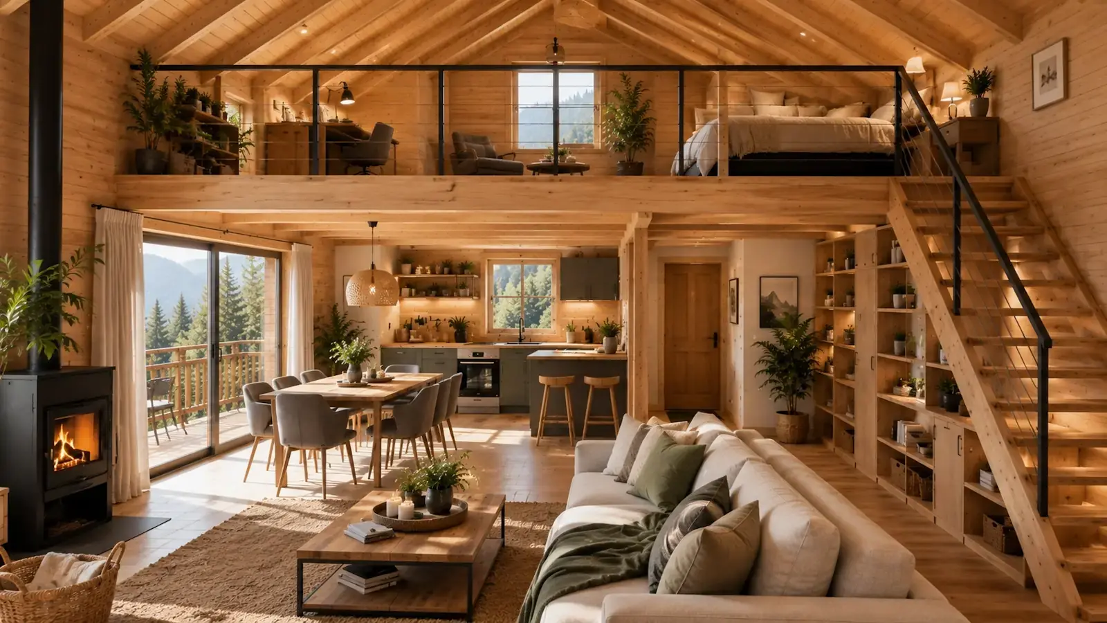 Mezzanine aménagée dans un chalet bois habitable avec escalier, rangements intégrés et espace lumineux sous charpente apparente – STMB Construction