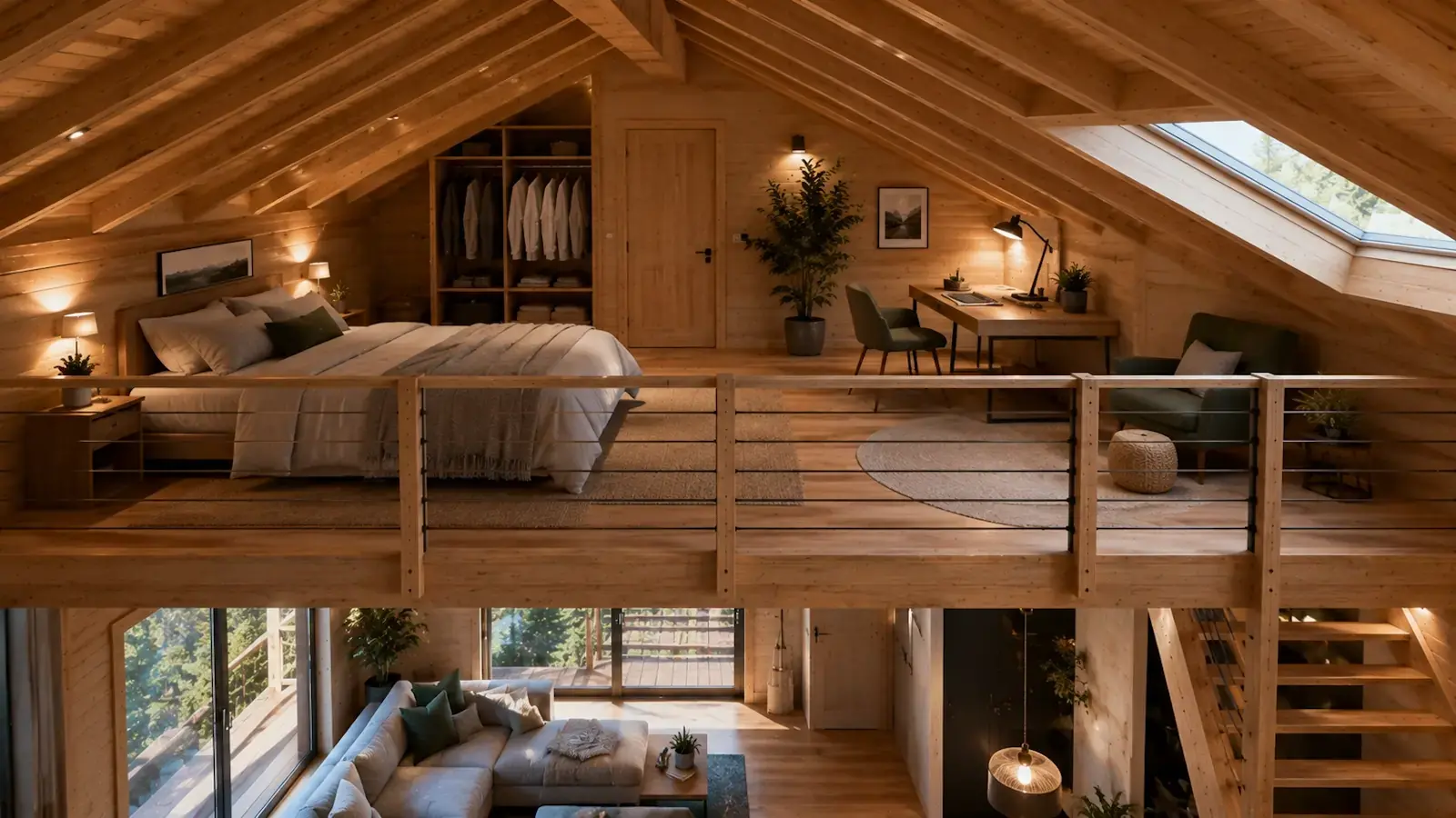 Mezzanine aménagée en chambre avec bureau et espace détente dans un chalet bois habitable