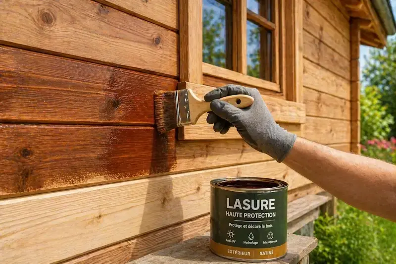 Application de lasure sur un chalet en bois pour protéger le bois contre l’humidité et les UV