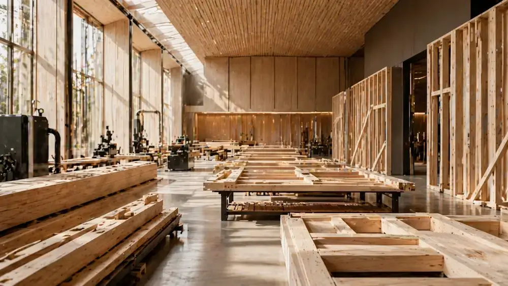 Atelier d’architecte haut de gamme dédié à la fabrication de structures en bois avec ossature moderne, illustrant la préfabrication et une mise en œuvre précise et qualitative.