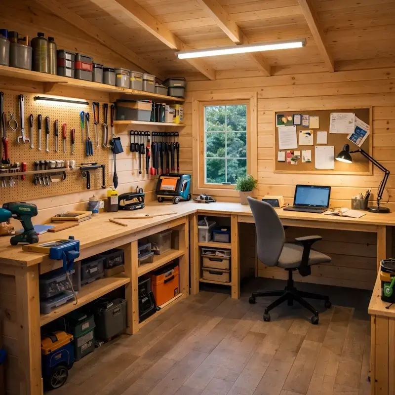 Atelier de bricolage amenage dans un abri de jardin en bois transforme en espace polyvalent avec plan de travail etageres outils organises et coin bureau