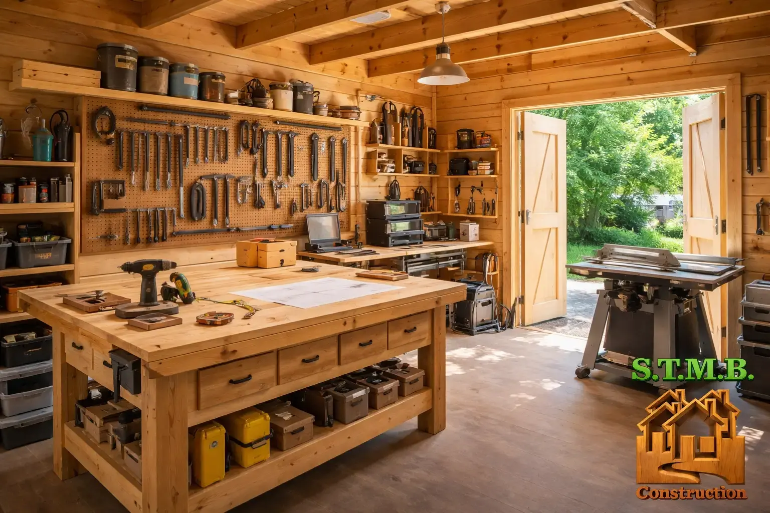 Atelier de bricolage amenage dans un garage en bois avec etabli et outils