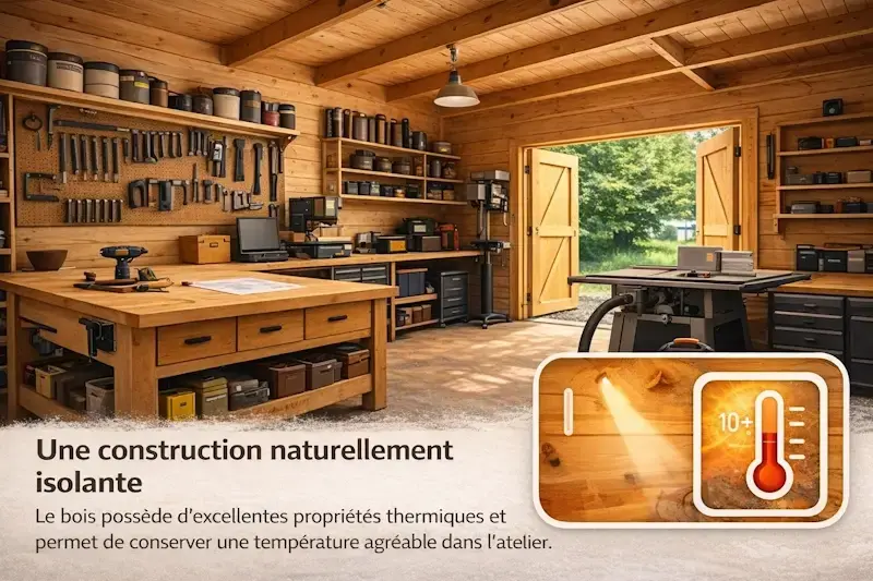 Atelier de bricolage dans un garage en bois avec isolation thermique naturelle du bois