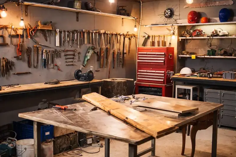 Atelier de bricolage organise dans un garage avec etabli central et outils accroches au mur