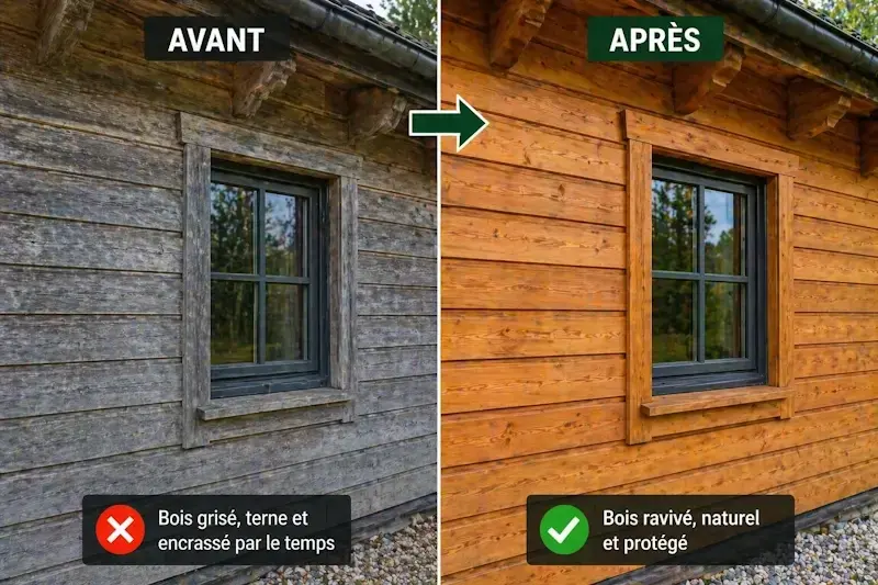 Avant après dégriseur bois sur chalet : bois grisé et encrassé transformé en bois propre, ravivé et protégé après entretien