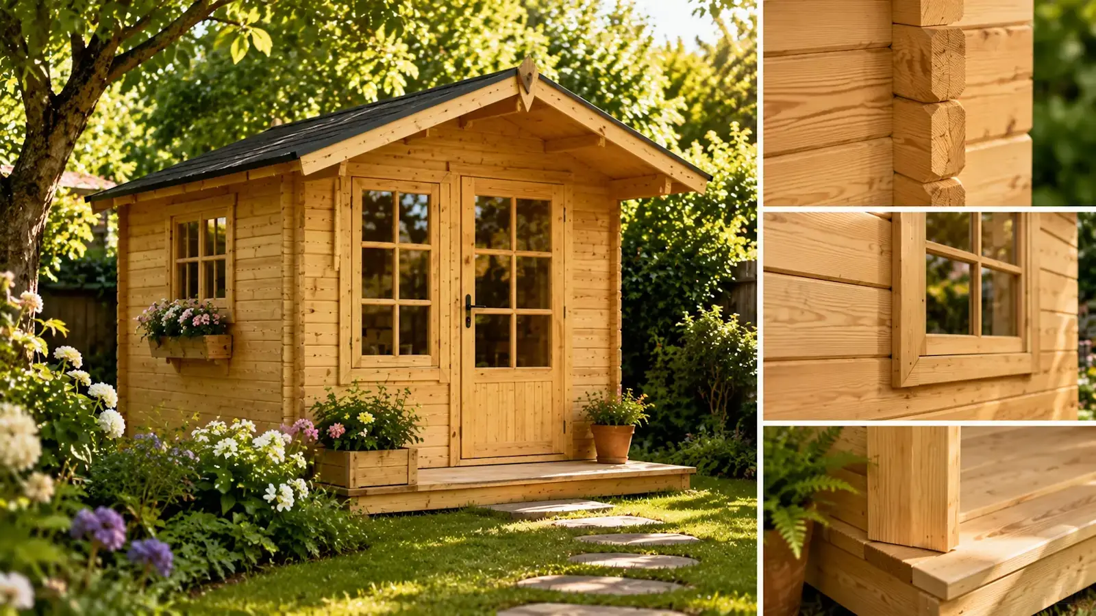 Cabanon en bois naturel dans un jardin avec détails de finition et texture du bois massif