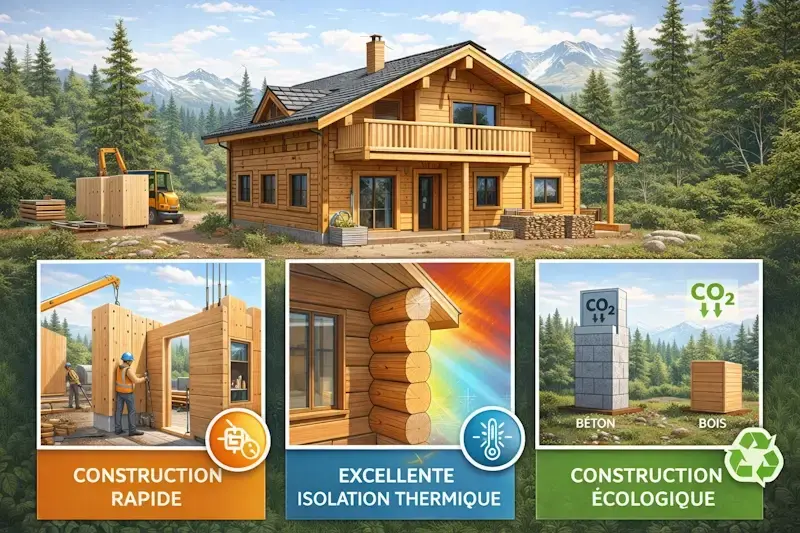 Avantages d’un chalet bois : construction rapide, excellente isolation thermique et matériau écologique.