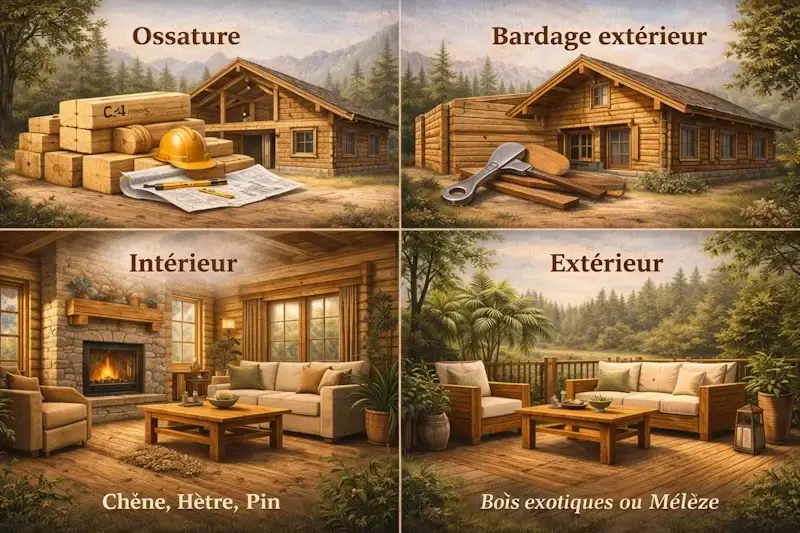 Quel bois choisir pour un chalet selon la partie : ossature, bardage extérieur, intérieur et terrasse