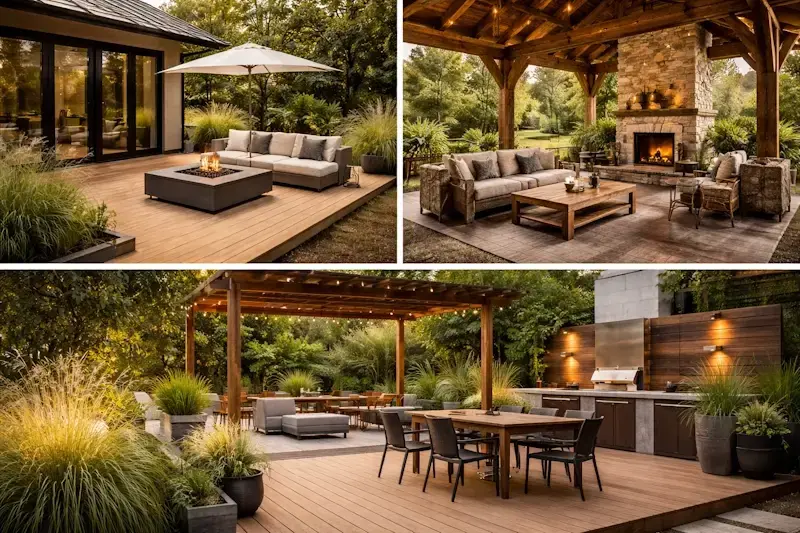 Aménagement extérieur en bois massif illustrant différents styles moderne, rustique et contemporain