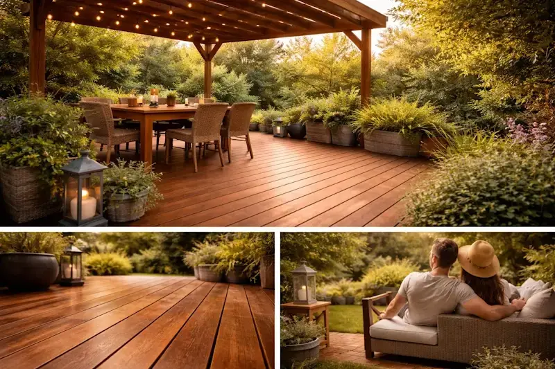 Terrasse en bois massif avec pergola et espace détente illustrant un aménagement extérieur durable et esthétique