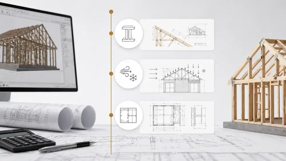 Bureau d’ingénieur avec plans techniques et modélisation 3D d’une structure de maison en bois, illustrant les études de dimensionnement et d’analyse des charges.