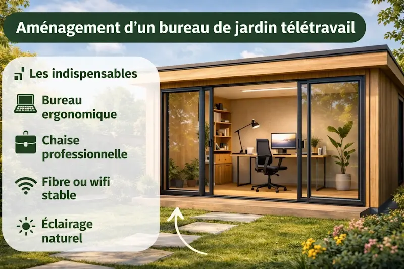 Bureau de jardin en bois aménagé pour le télétravail avec bureau ergonomique, chaise professionnelle, connexion wifi et lumière naturelle