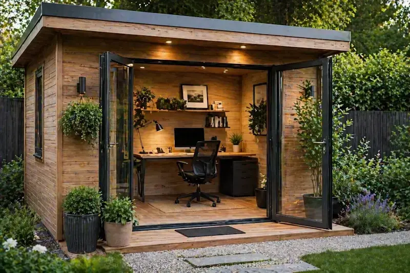 Bureau de jardin en bois aménagé avec espace de travail confortable et lumineux dans un abri extérieur