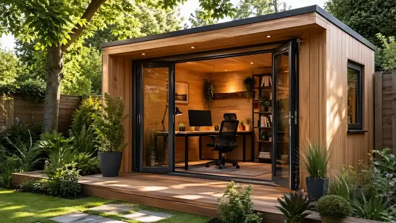 Bureau de jardin en bois aménagé avec poste de travail moderne ouvert sur un jardin paysager, parfait pour le télétravail écologique