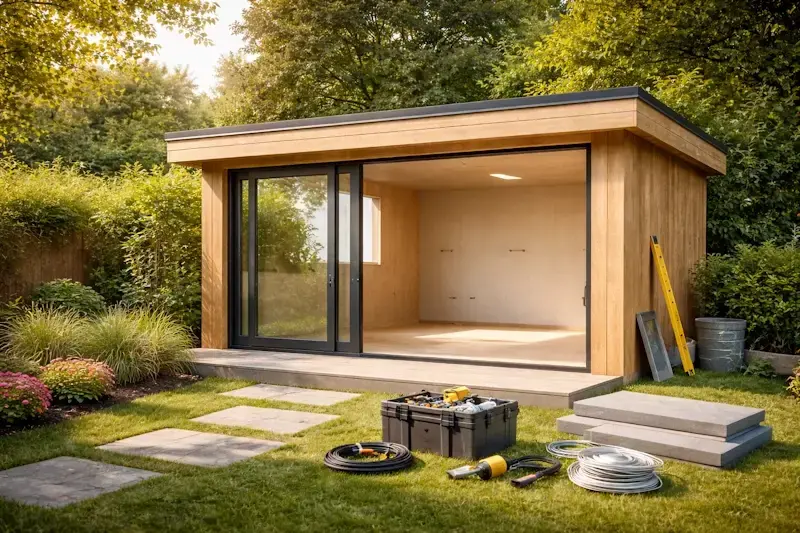 Bureau de jardin en bois en cours de finition hors d’eau hors d’air avec structure étanche, grandes baies vitrées et intérieur prêt à être aménagé