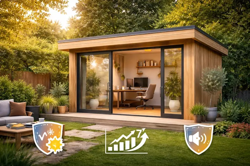 Bureau de jardin en bois isolé aménagé pour le télétravail avec espace lumineux, confortable et performant dans un environnement extérieur calme