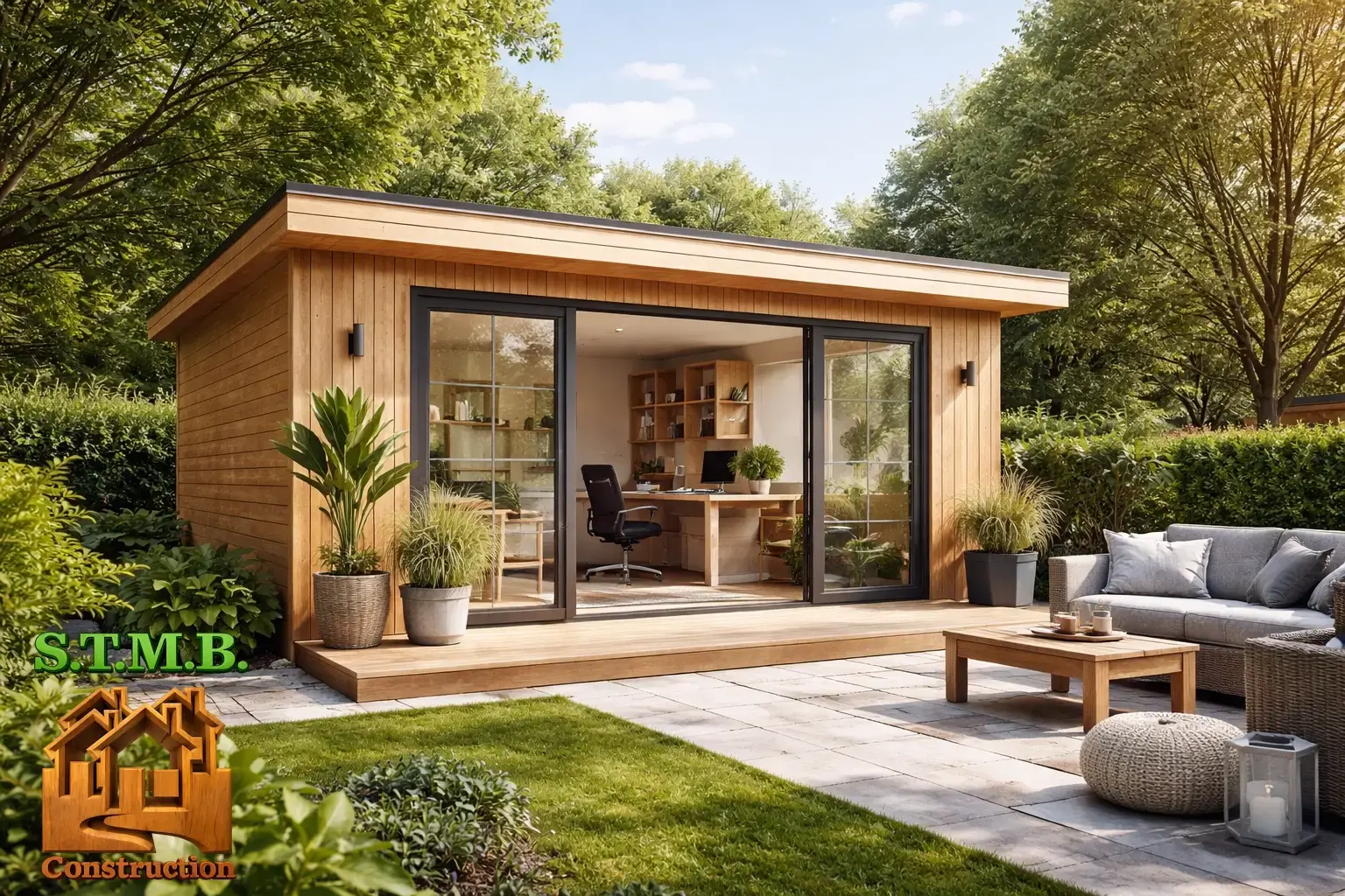 Bureau de jardin en bois isolé avec grande baie vitrée, aménagé en espace de télétravail confortable au cœur d’un jardin verdoyant