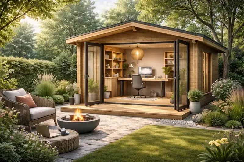 bureau de jardin en chalet bois moderne avec espace de travail calme et lumineux