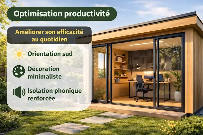 Bureau de jardin en bois optimisé pour la productivité avec orientation sud, décoration minimaliste et isolation phonique renforcée