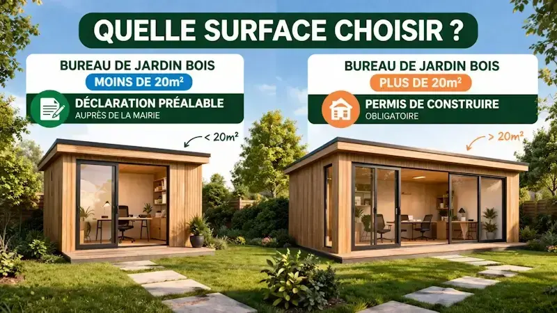 Illustration d’un bureau de jardin en bois avec comparaison des surfaces moins de 20 m² sans permis et plus de 20 m² avec permis de construire dans un jardin aménagé