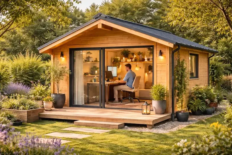 Chalet en bois de jardin aménagé en bureau de télétravail avec espace de travail lumineux et indépendant.