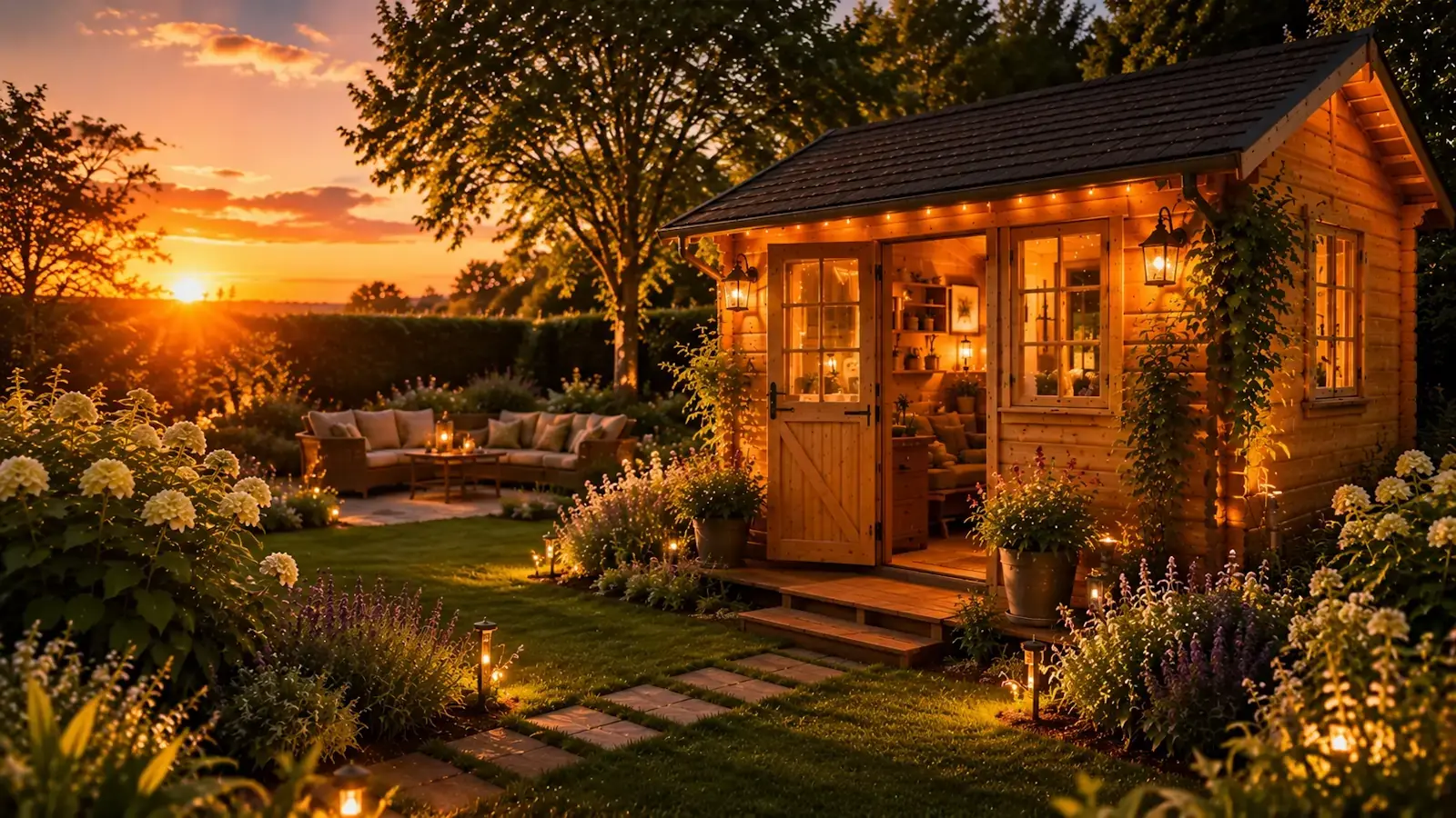 Cabanon en bois chaleureux dans un jardin premium au coucher du soleil avec ambiance cosy et éclairage extérieur
