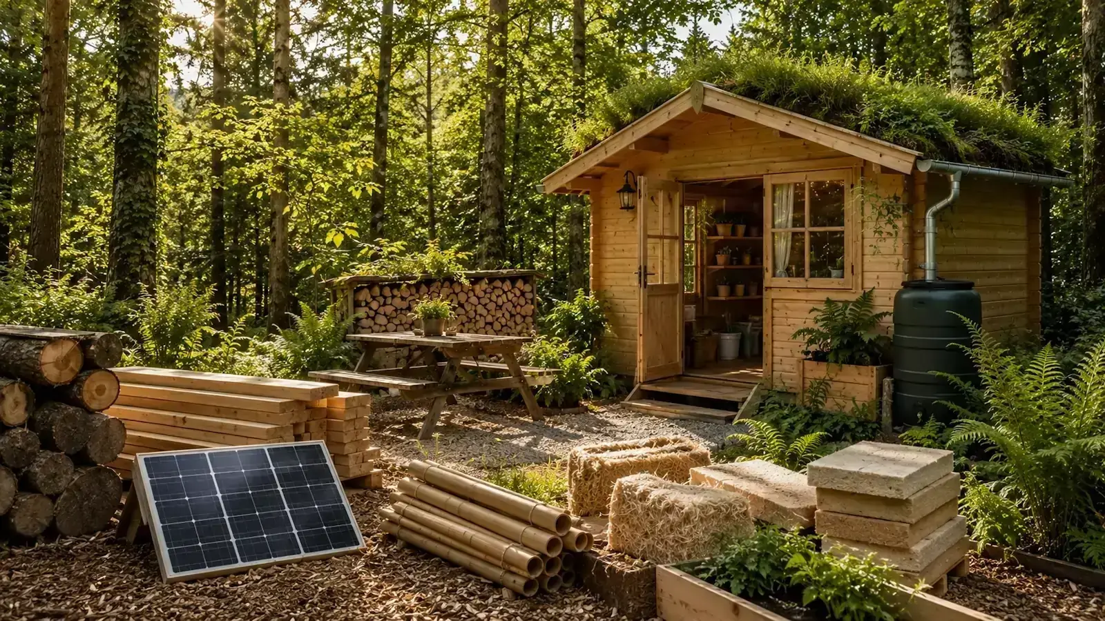 Cabanon en bois écologique dans une forêt avec matériaux naturels et aménagement durable