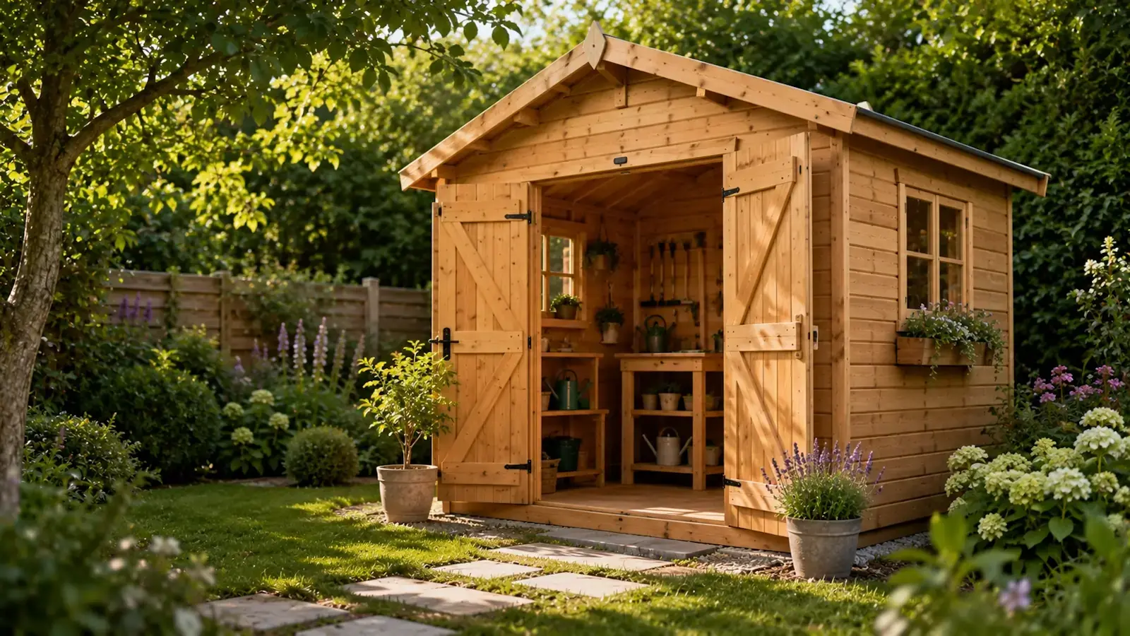 Cabanon en bois naturel de style chalet intégré harmonieusement dans un jardin paysager avec ambiance chaleureuse et esthétique.