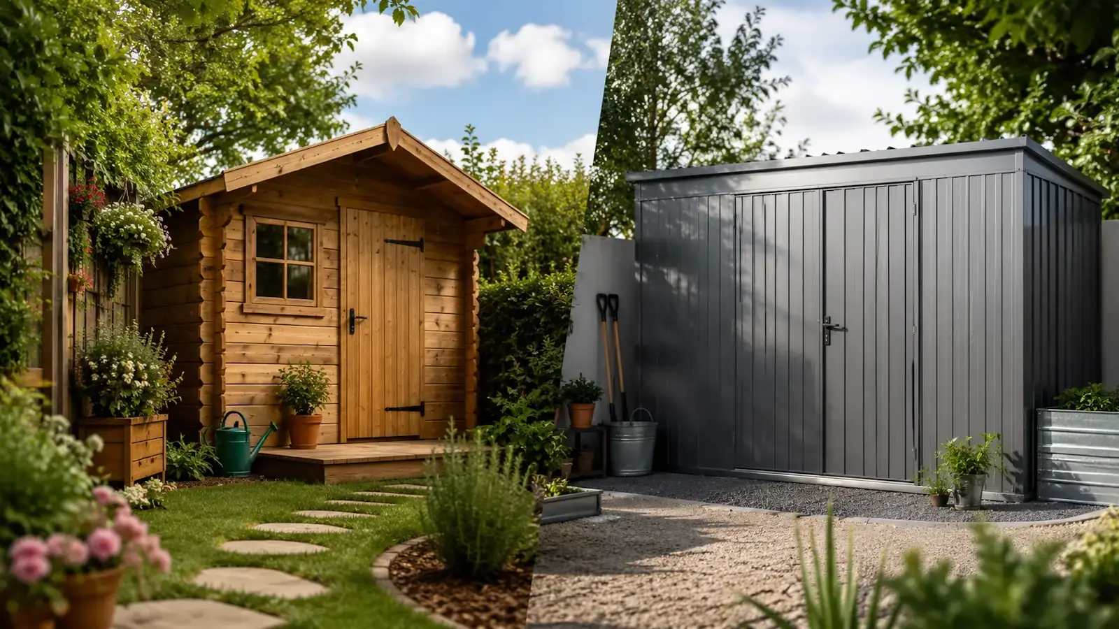 Comparaison entre un cabanon en bois rustique et un abri métallique dans un jardin extérieur